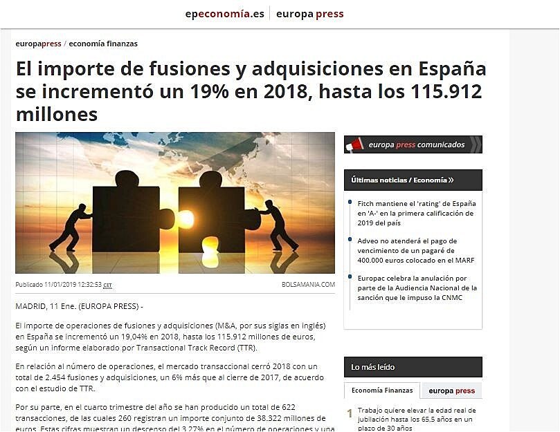 El importe de fusiones y adquisiciones en Espaa se increment un 19% en 2018, hasta los 115.912 millones